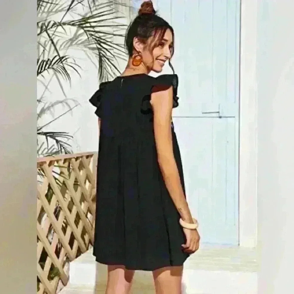 Boho Black Floral Embroidered 100% Cotton Mini Dress Size Large - Picture 3 of 9